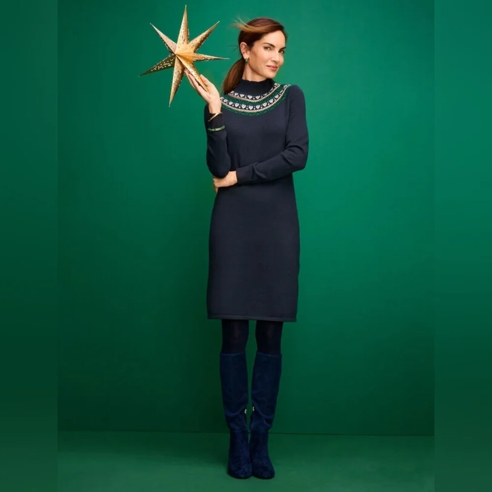 Talbots Petite Fair Isle Sweater Dress Navy Mock Neck Button Detail SP Holiday